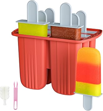 6 Pieces Silicone Popsicle Molds,Easy-Release BPA-Free,Ice Pop Mold Ice Cream Molds For Kids,With 6 PCS Plastic Stick+Cleaning BrushRed