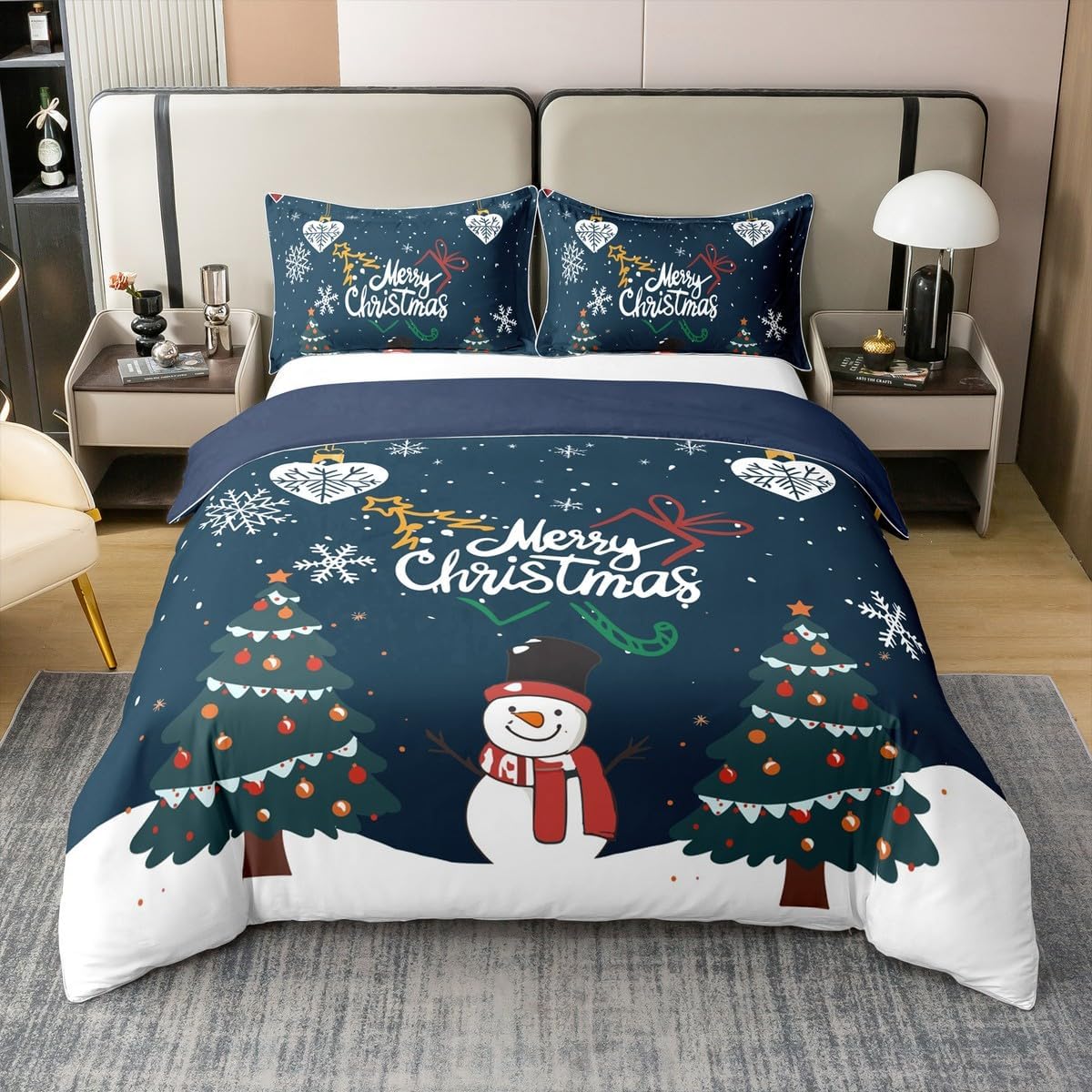 Erosebridal Snowflake 100% Cotton Duvet Cover for Kids Boys Girls,Cartoon Snowman Bedding Set Full,Merry Christmas Comforter Cover,Winter Xmas Tree Stars Bed Sets with 2 Pillowcases Bedroom Decor