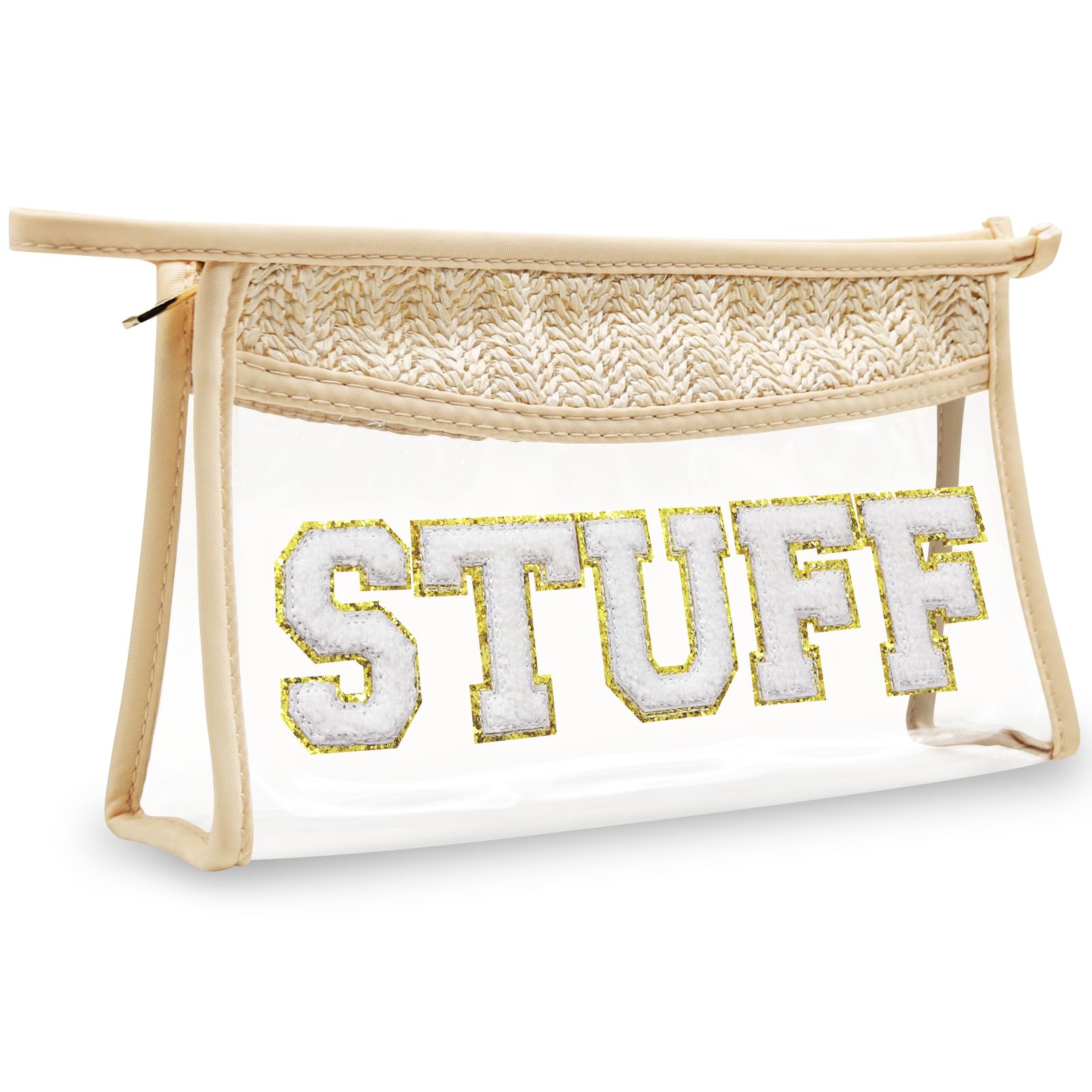 Boho Hand-woven Makeup Bag, Chenille Letter Patch Clear Travel Pouch, Rattan Straw Bag Clear Cosmetic Sunscreen Bags, Women Summer Retro Travel Beach