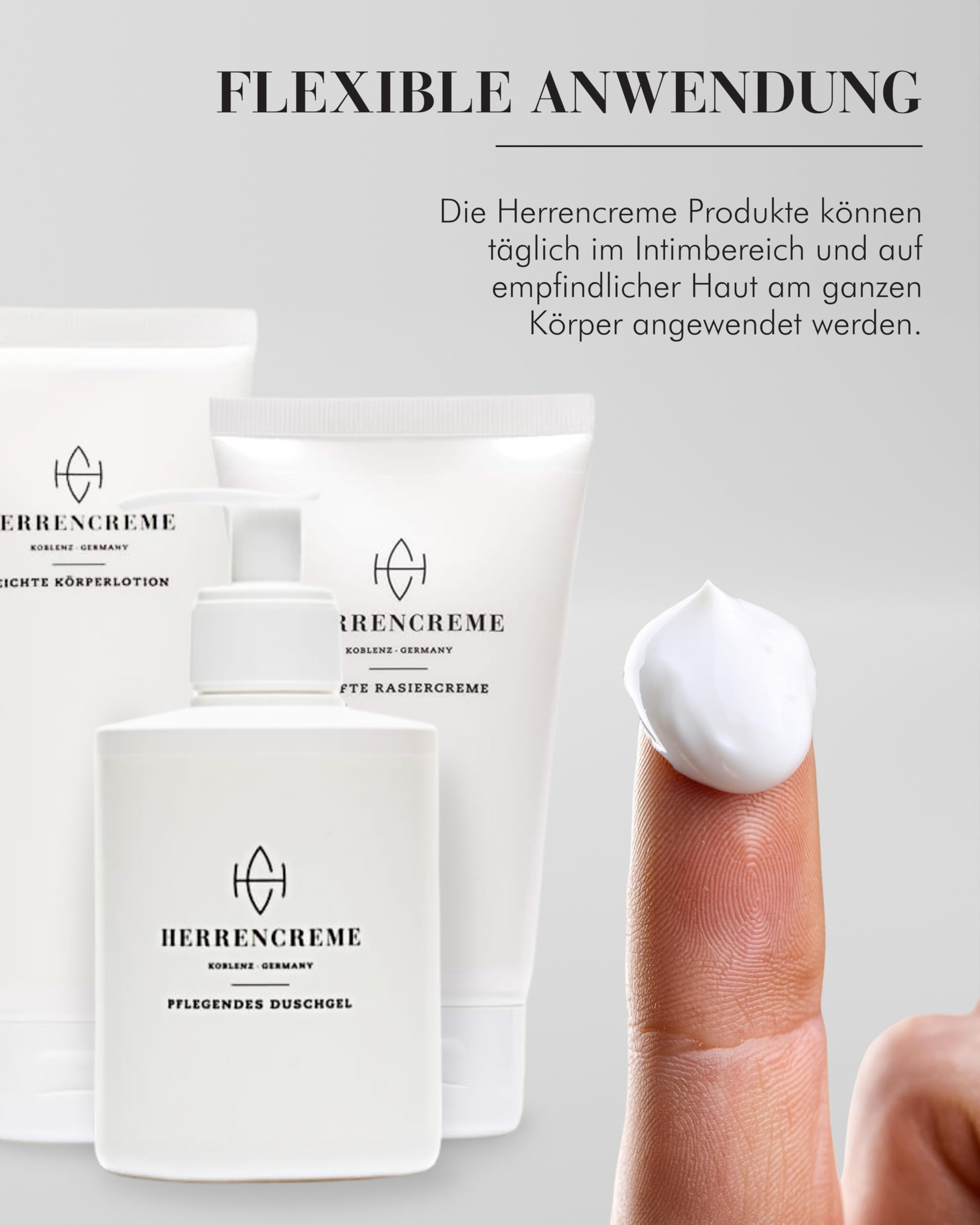 HERRENCREME Körperpflege-Set inkl. Duschgel, Körperlotion & Rasiercreme I Sanftes Waschgel für Gesicht & Körper I Feuchtigkeitsspendende Body-Lotion I Shaving-Cream für Gesicht- & Intimbereich