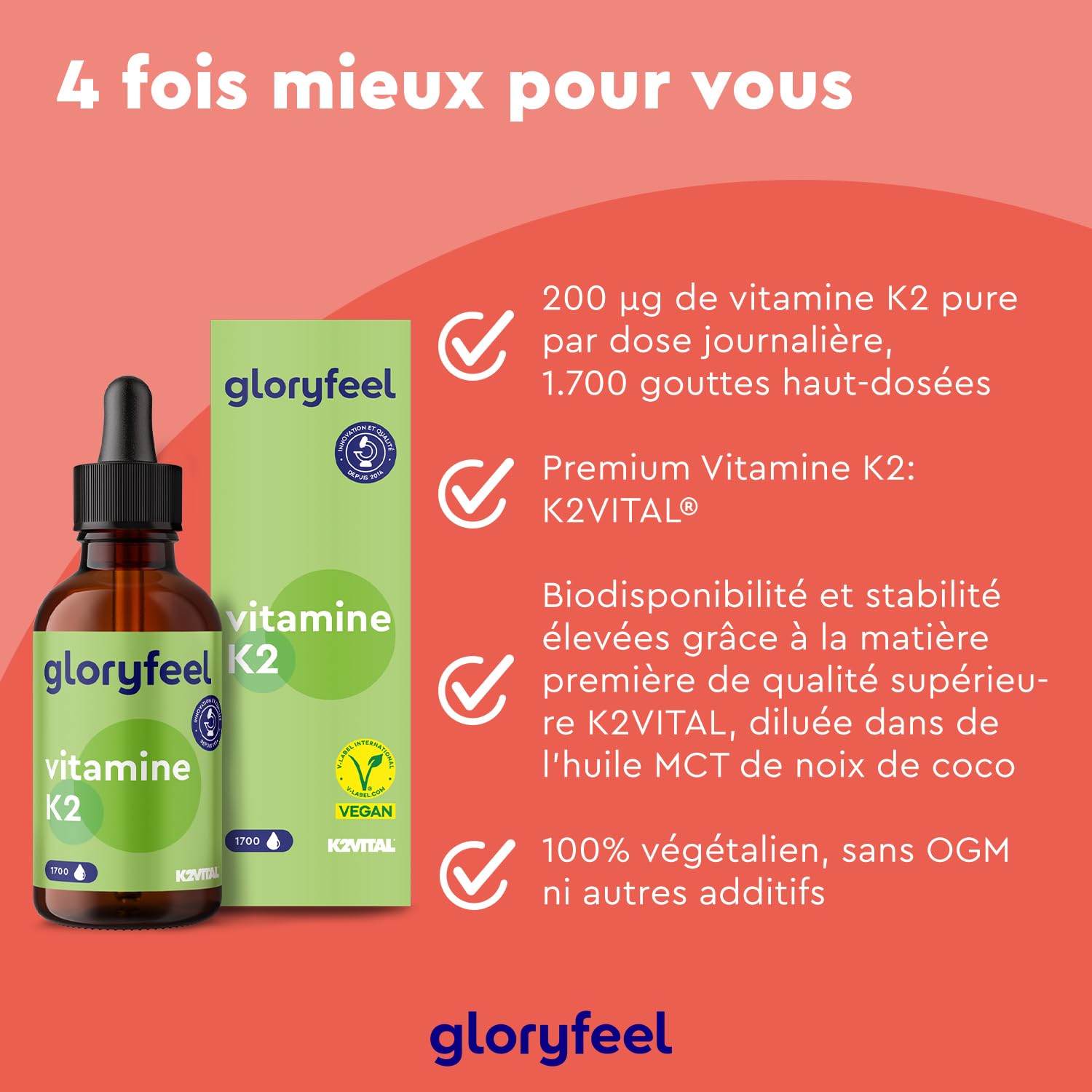 Vitamine K2 MK-7 200µg, 1700 Gouttes, 50ml Premium 99,7+% Teneur All-Trans (K2VITAL® de Kappa), Naturellement Fermenté et Sans Additifs, Testé en laboratoire