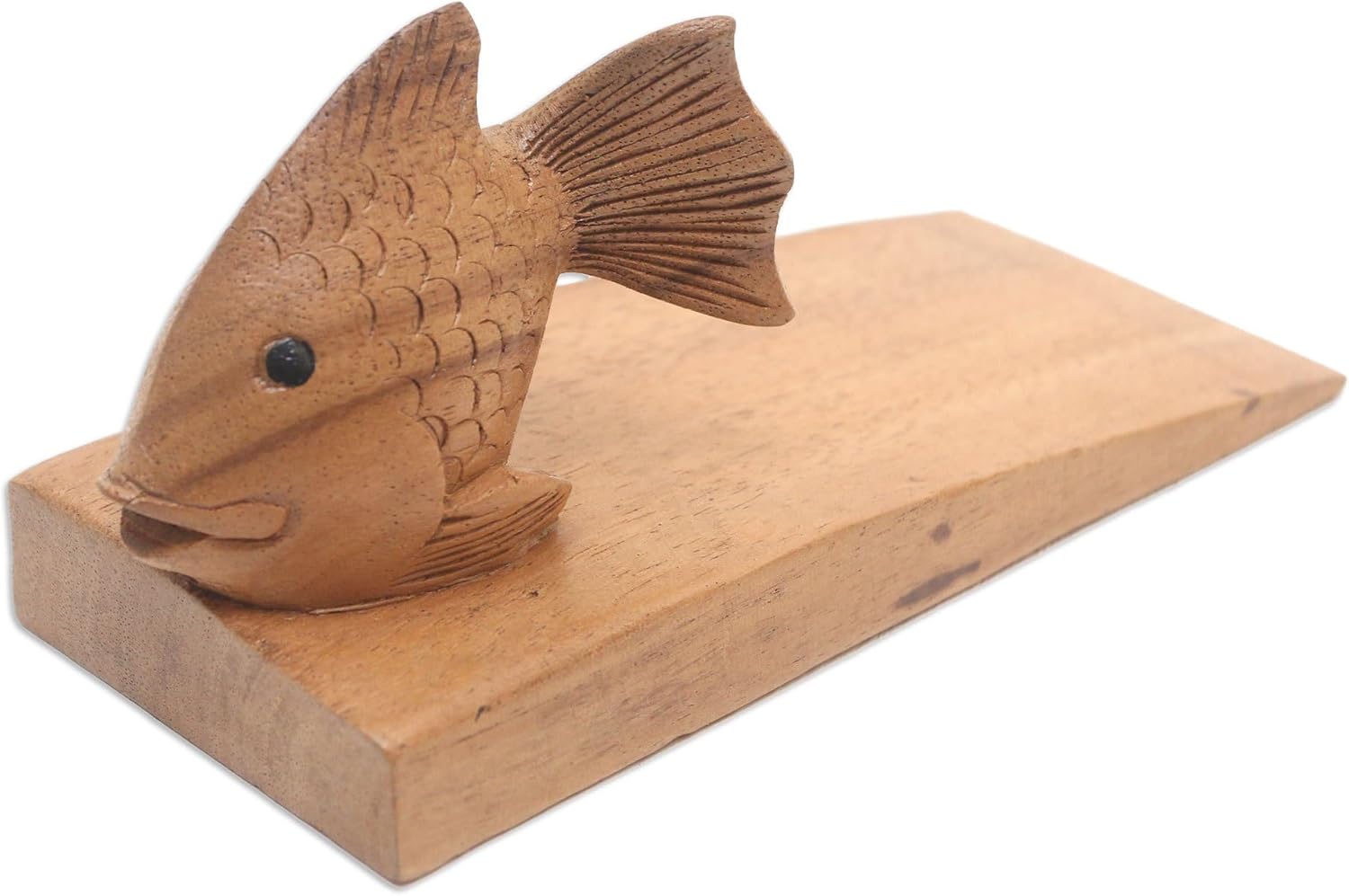 NOVICA Animal Themed Wood Doorstop, Brown, 'Helpful Goldfish in Brown'