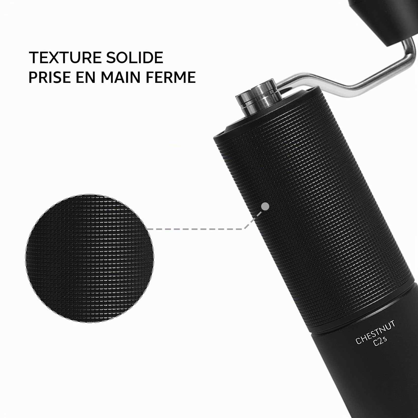 TIMEMORE Chestnut C2S Moulin à café manuel Capacité 25 g avec fraise conique en acier inoxydable CNC, réglage interne réglable, double positionnement de roulement, moulin à café manuel C2S noir