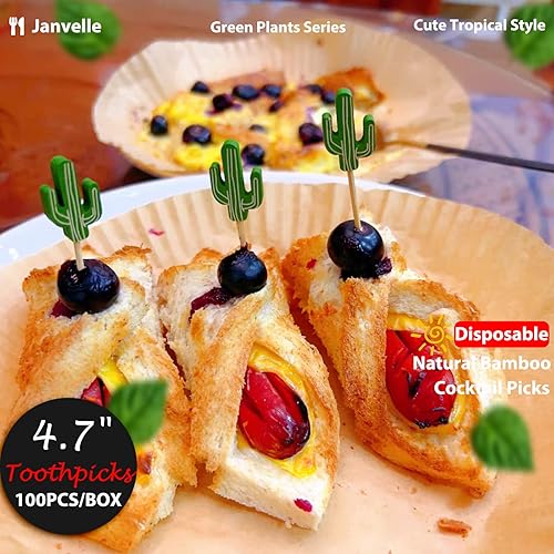 Miniatura 3 de Palillos de cóctel de cactus de bambú para aperitivos, brochetas de frutas de 4.7 pulgadas, palillos de comida tropical verde, 100 unidades por