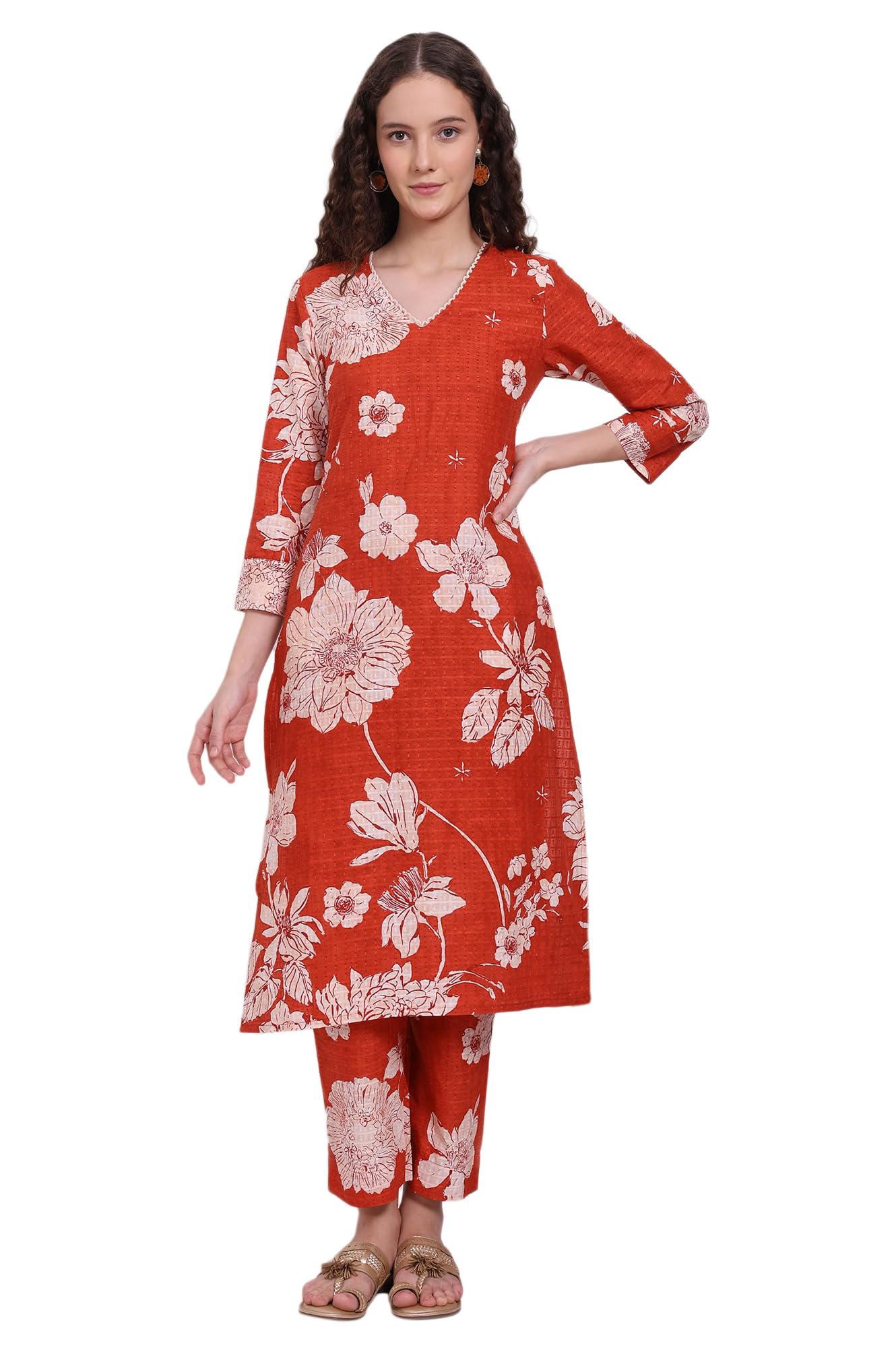 Orange Floral Printed Lace Organza A-line Sheer Kurta, Crop Top and Pants Set-image-13