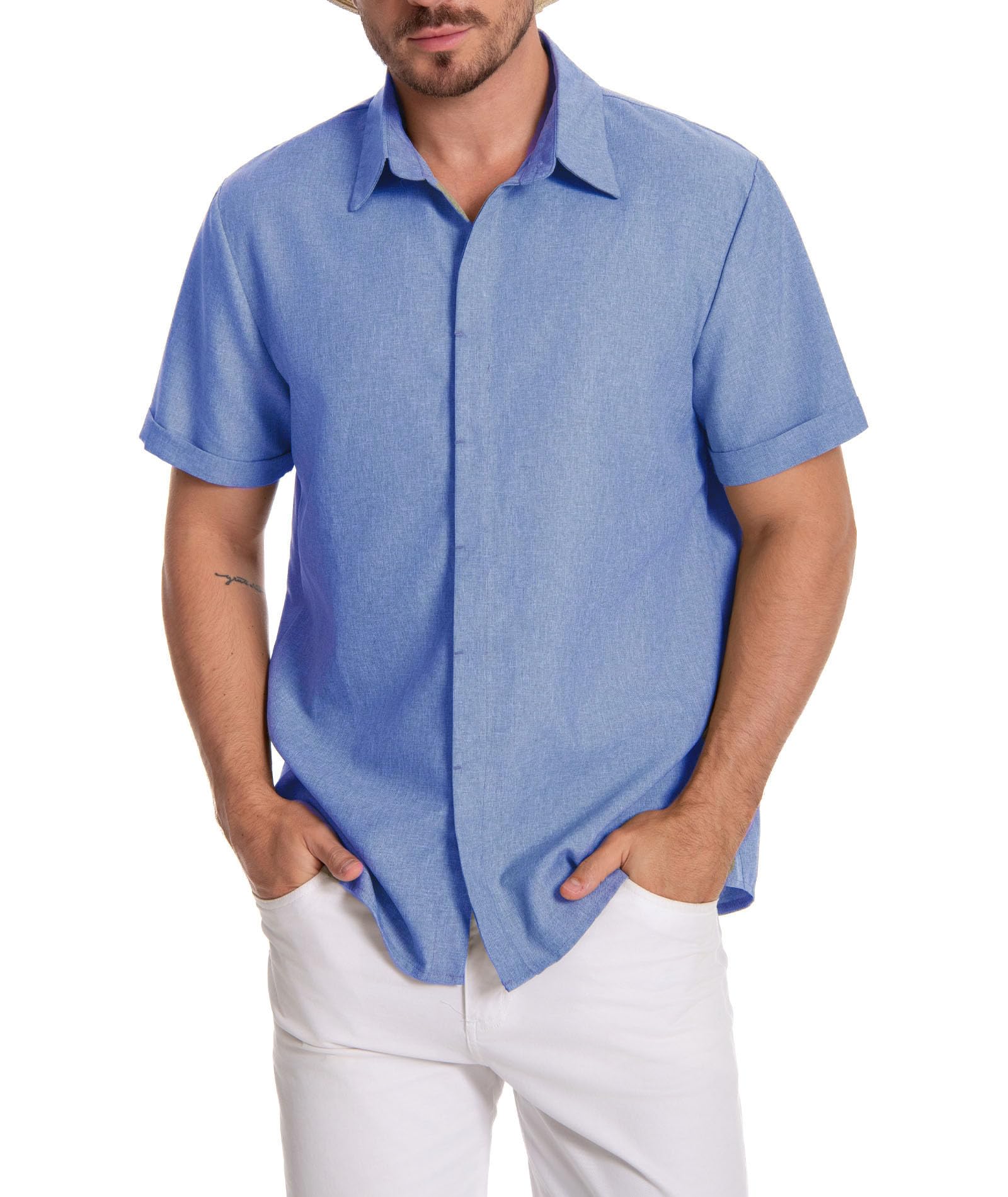 SOMTHRON Chemise décontractée à manches courtes en lin pour homme - Boutonnée - Plage d'été - Vacances - Mariage