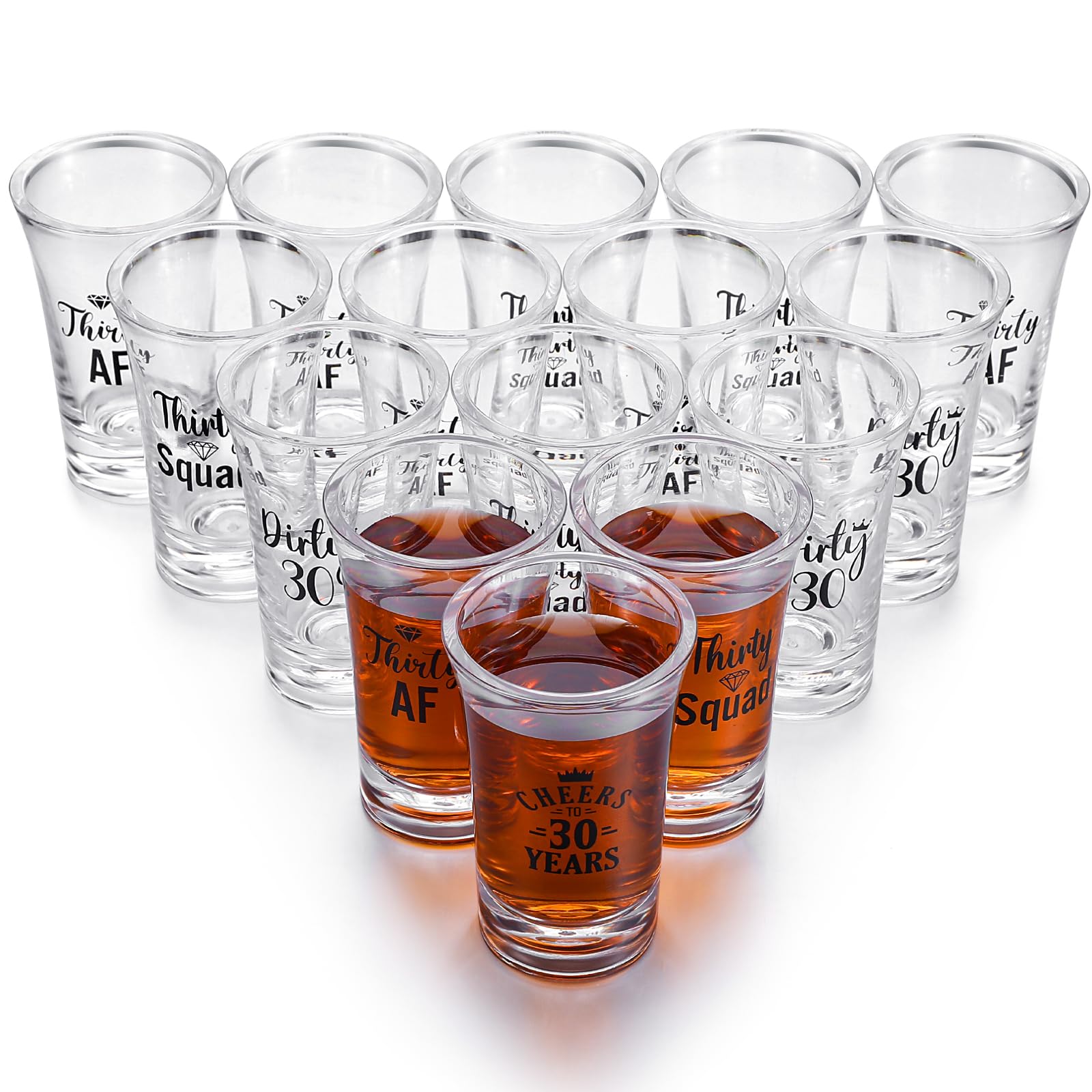 Juego de 36 vasos de chupito acrílicos transparentes para fiesta de 30 cumpleaños, juego al azar de vasos de chupito de 1.2 onzas, vasos de chupito de acrílico para adultos pequeños