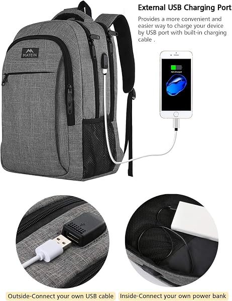 MATEIN Travel Laptop Backpack, Work Bag Lightweight Laptop Bag with USB Charging Port, Anti Theft Business Backpack, Water Resistant School Rucksack Gift for Men and Women, Fits 15.6 Inch, Grey - 4