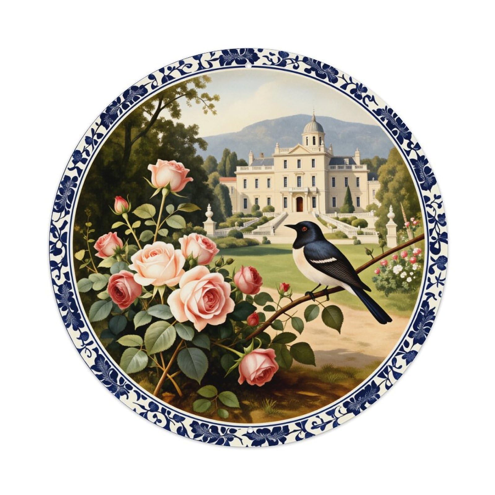 Floral Bird Mansion Garden Scene Round Tin Sign Vintage Style Metal Sign Home Bar Garden Wall Plaque Decor Metal Poster 8x8 Inch