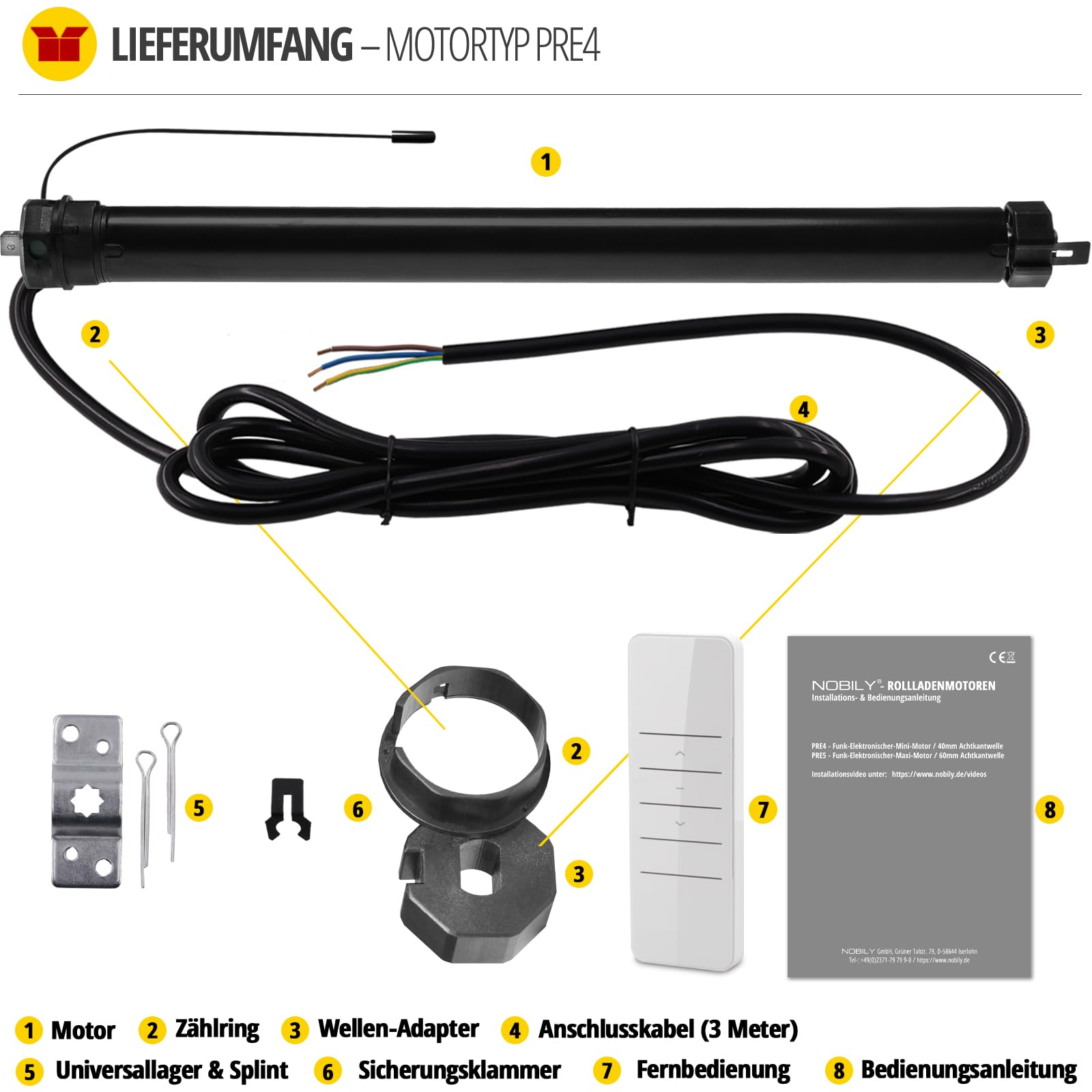 NOBILY Funk/Mini-Rolladenmotor PRE4 13/14-40 (Zugkraft 36kg), für 40mm Achkantwelle (SW40) Rolladenantrieb Rohrmotor Rollladenmotor für Rolladen…
