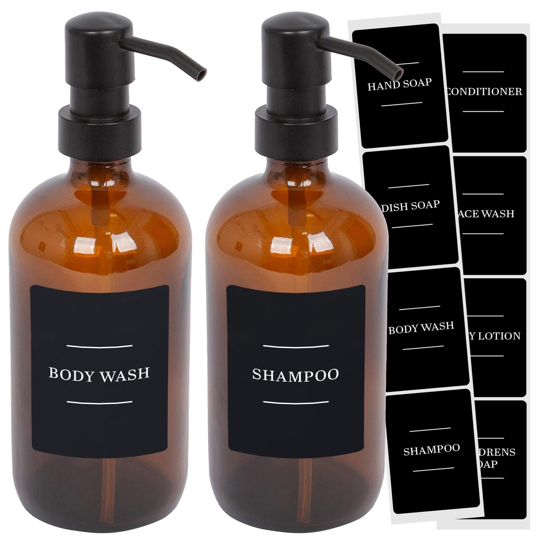 Harbour Housewares Glass Soap Dispensers with Labels Pack of 2-500ml Amber Refillable Bottles with Pumps and Black Labels - Bathroom and Kitchen Accessories for Hand Wash, Lotion or Sanitiser