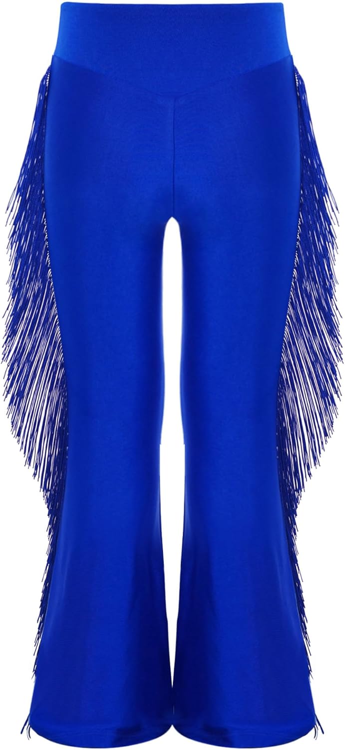 Linjinx Kids Girls Tassel Bell Bottom Trousers Latin Ballroom Salsa Tango Cha Cha Rumba Performance Dance Flare Pants
