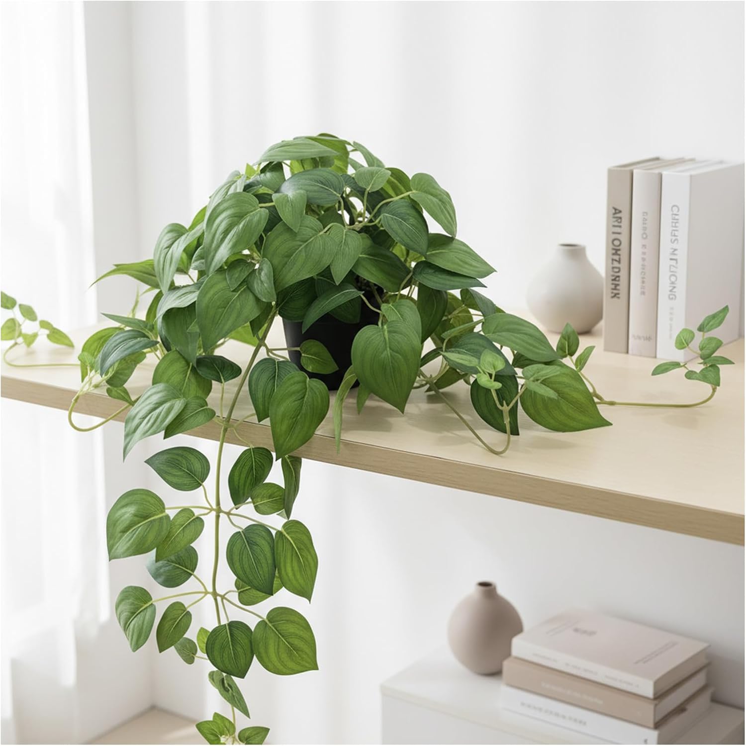Artificial Pothos Ivy Silk Plants, 2 Sets with Black Pots, 27 Inches Tall, Realistic Fake Hanging Plants for Home Living Room Office Decor, No Maintenance Indoor Faux Plants