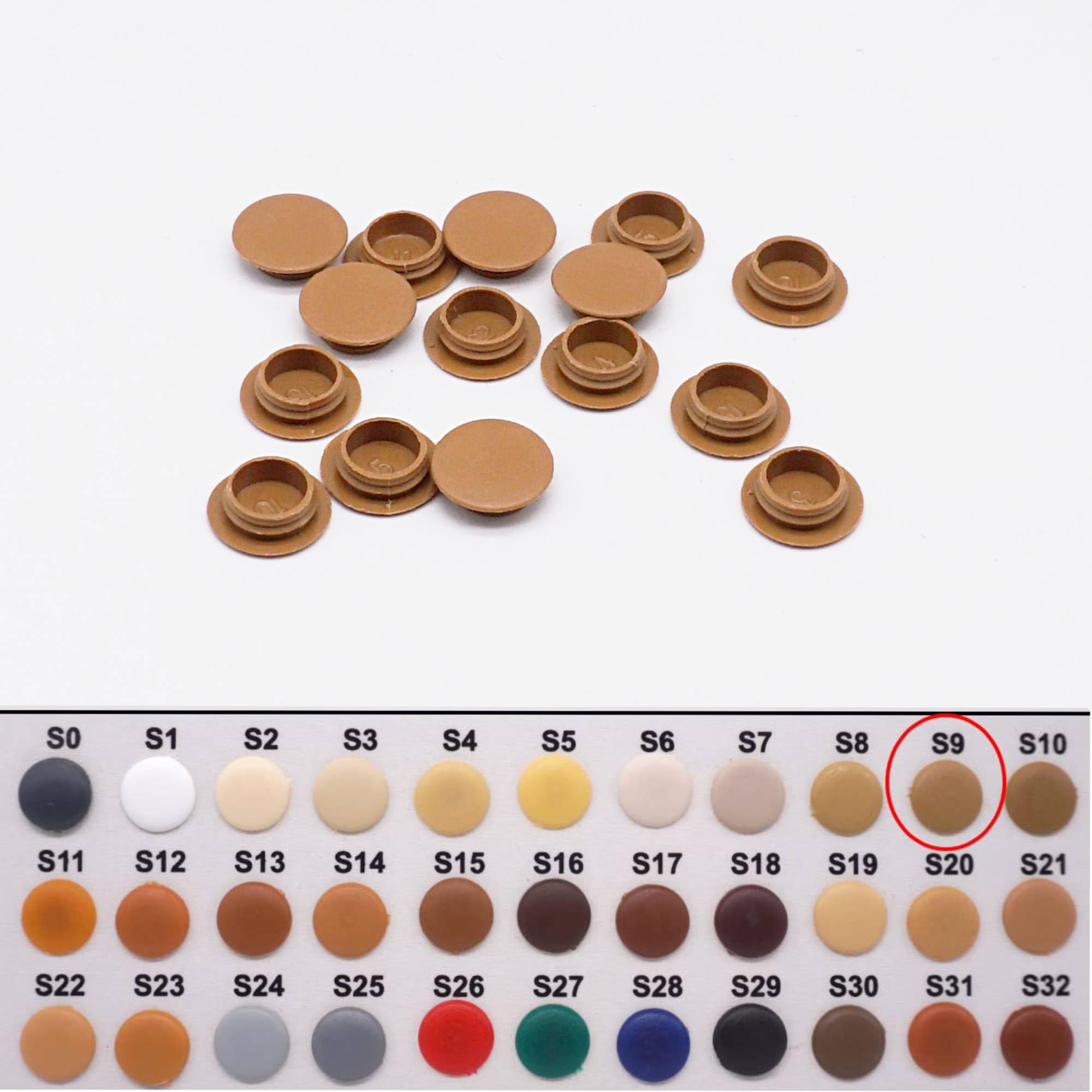 SKIR'CO (600 pcs) Plastic Hole Plugs 14 mm, Furniture Hole Plug, Drill Hole Cover Caps, Screw Hole Cover Caps (Brown S9) - Image 3