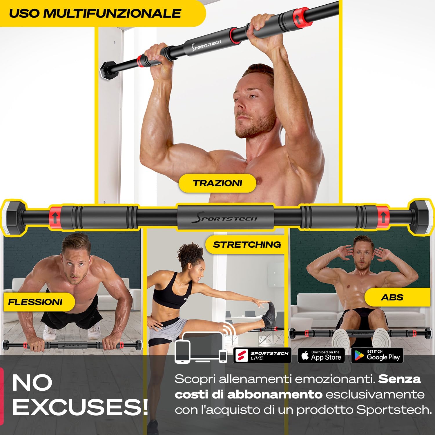 Barra di trazione con innovativa funzione di bloccaggio | sicura & veloce senza viti nel telaio della porta | fino a 200 kg | Indoor Pull Up Bar regolabile fino a 90 cm | SPORTSTECH KS260 / KS270 incl. eBook