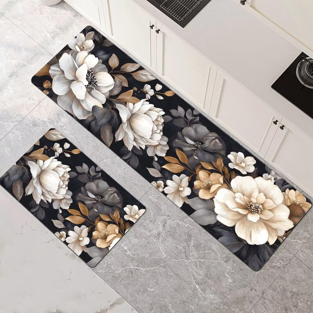 Alfombra de cocina lavable para evitar resbalones, tapetes absorbentes Peony 2 piezas