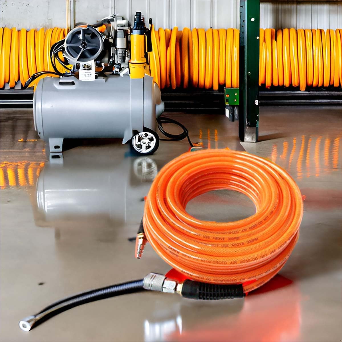SANFU Polyurethane(PU) Reinforced 3/8”ID x 100ft, Air Hose, Non-kinking With 3/8” Reassembled Industrial High Flow Quick Coupler and Plug, Bend Restrictor, Transparent Orange(100’)