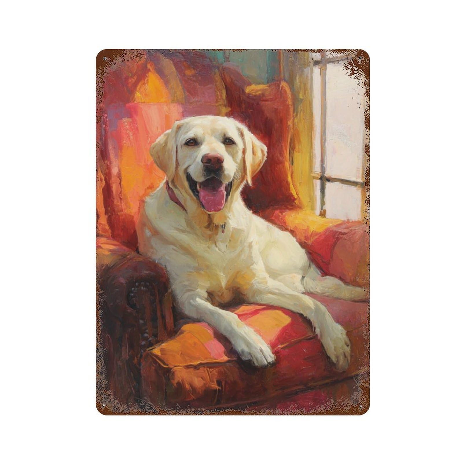 Cozy Yellow Lab Portrait Aged Metal Wall Plaque 15.7"x11.8", Rustic Home Decor for Garage, Pub Or Kitchen