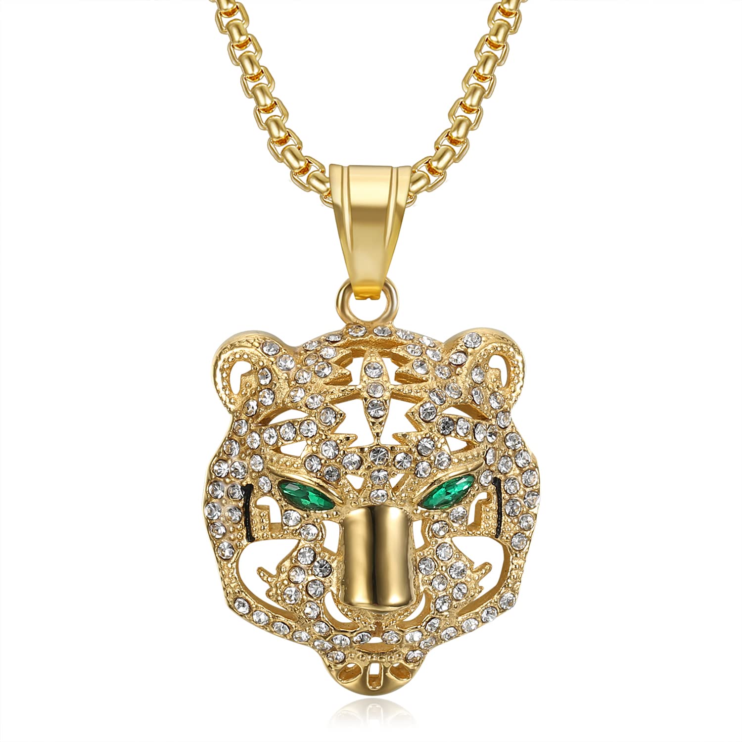 Collana Uomo Con Ciondolo Testa Di Tigre Occhio Verde | Gioiello Hip Hop Punk Vichingo In Acciaio 60cm
