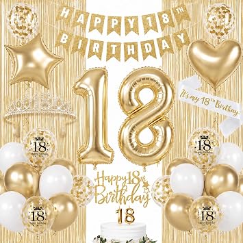 HILAVO 18th Birthday Decorations for Girls, Champagne Gold Happy 18th Birthday Decorations with 18 Years Old Sash, Crown, Fringe Curtains, Balloons, Banner, Cake Topper, 18 Bday Party Supplies Set