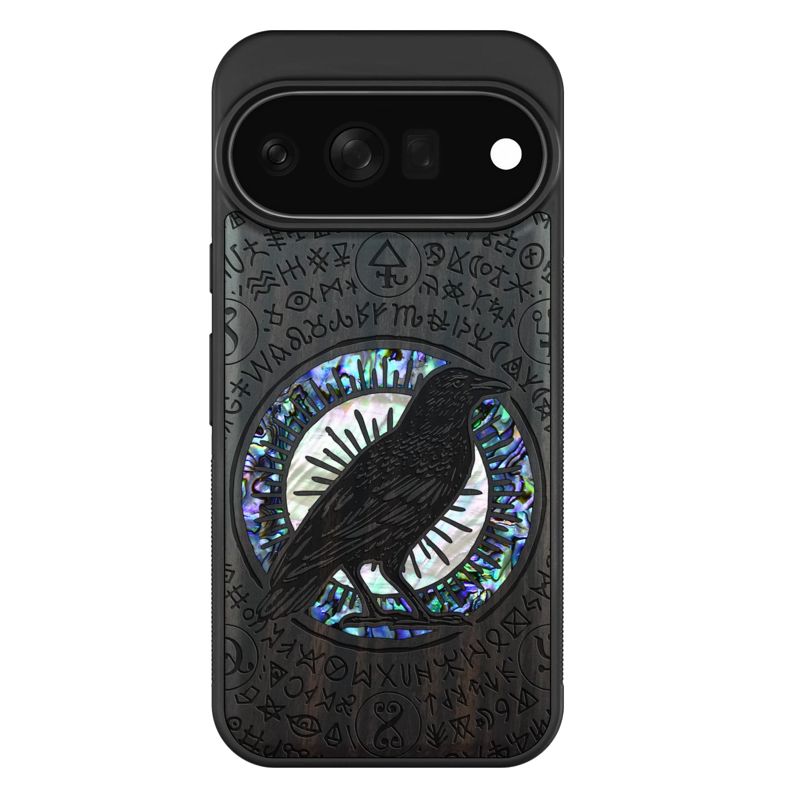 Carveit Madera Funda para Google Pixel 11 Pro (Oscura-Brujería de Cuervo) | Compatible con MagSafe [Grabado en madera e incrustación de mejillones] Magnética Cover para Pixel 11 Pro Carcasa