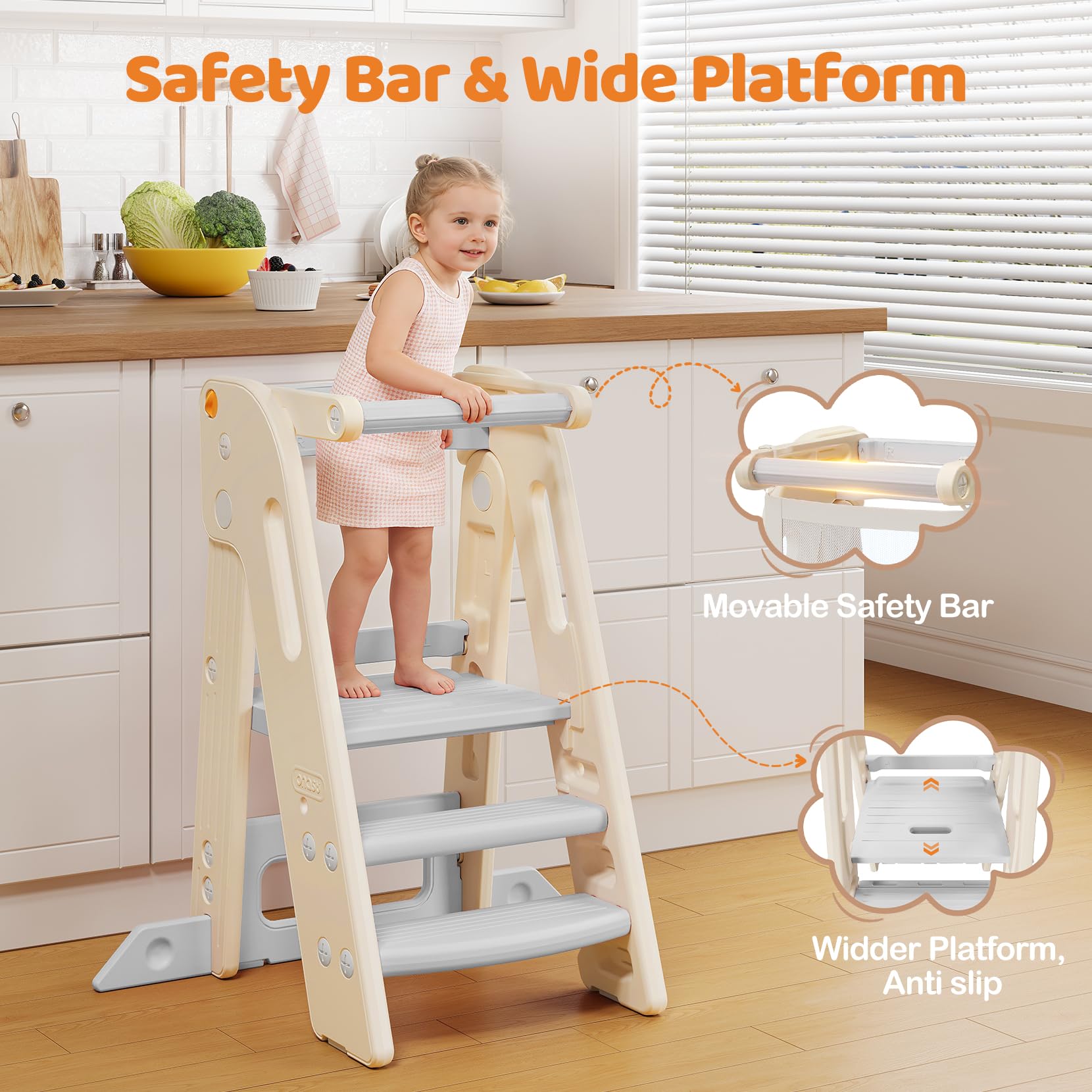 Torre Montessoriana Pieghevole per Bambini, Sgabello a gradini regolabile in altezza per bambini (2–3 livelli), Learning Tower con Barra di Sicurezza, per Bancone Cucina Lavandino Bagno (Bianco)