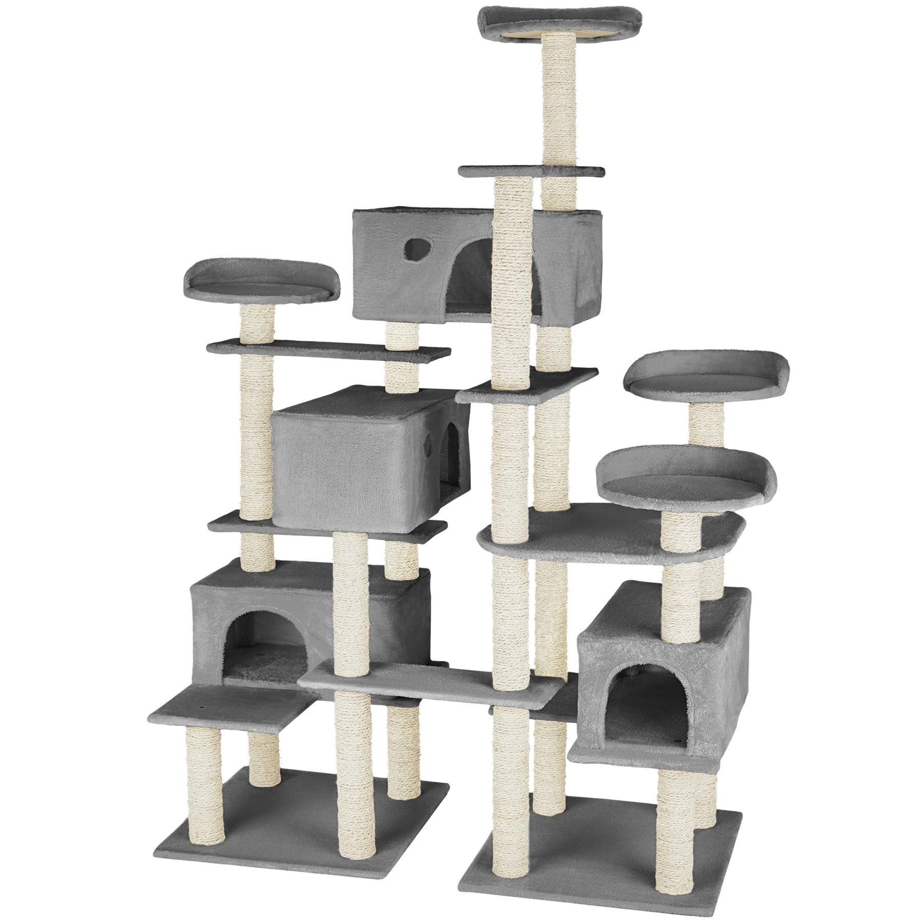 tectake® Arbol Rascador para Gatos, Torre Multinivel con 4 Plataformas, 4 Casitas, 2 Placas de Suelo, Columnas de Sisal, Rascador Gato, Protección Antivuelco, Juguetes para Gatos - Gris