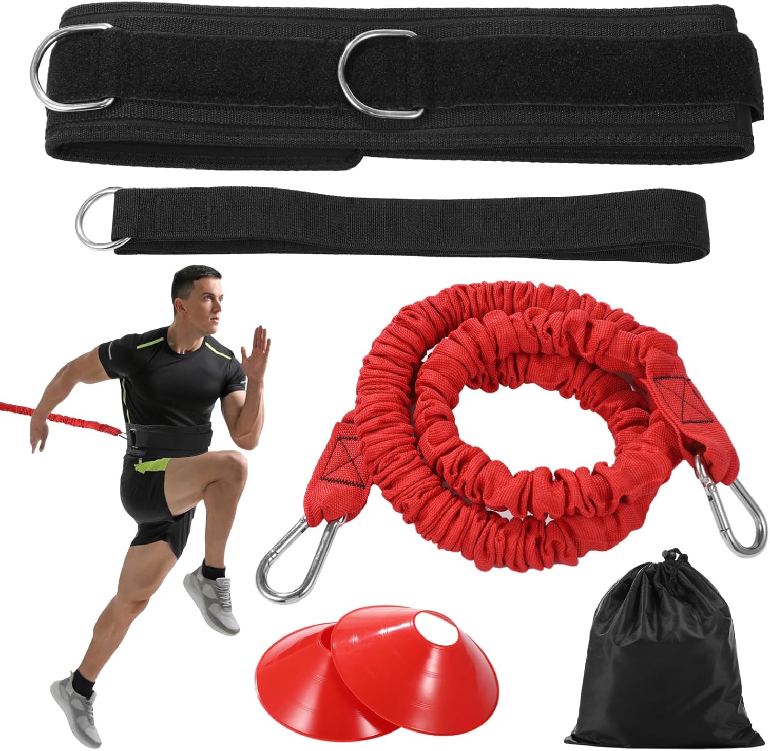 Speed Training Equipment Set, Resistance Bungee Band Multi Sport Exercise Set With Resistance Bungee Band, Waist Belt, Training Cones, and Fixing Band, Improving Speed, Stamina and Strength (A)