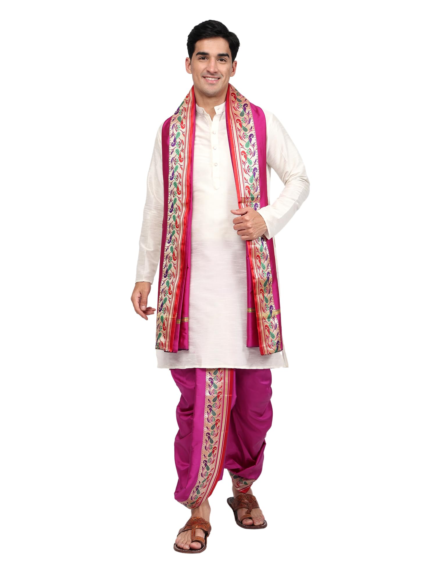 Silk Kurta for Men with Ready to Wear Dhoti Style Pyjama and Stole Set, Ethnic Wear for Men-image-10