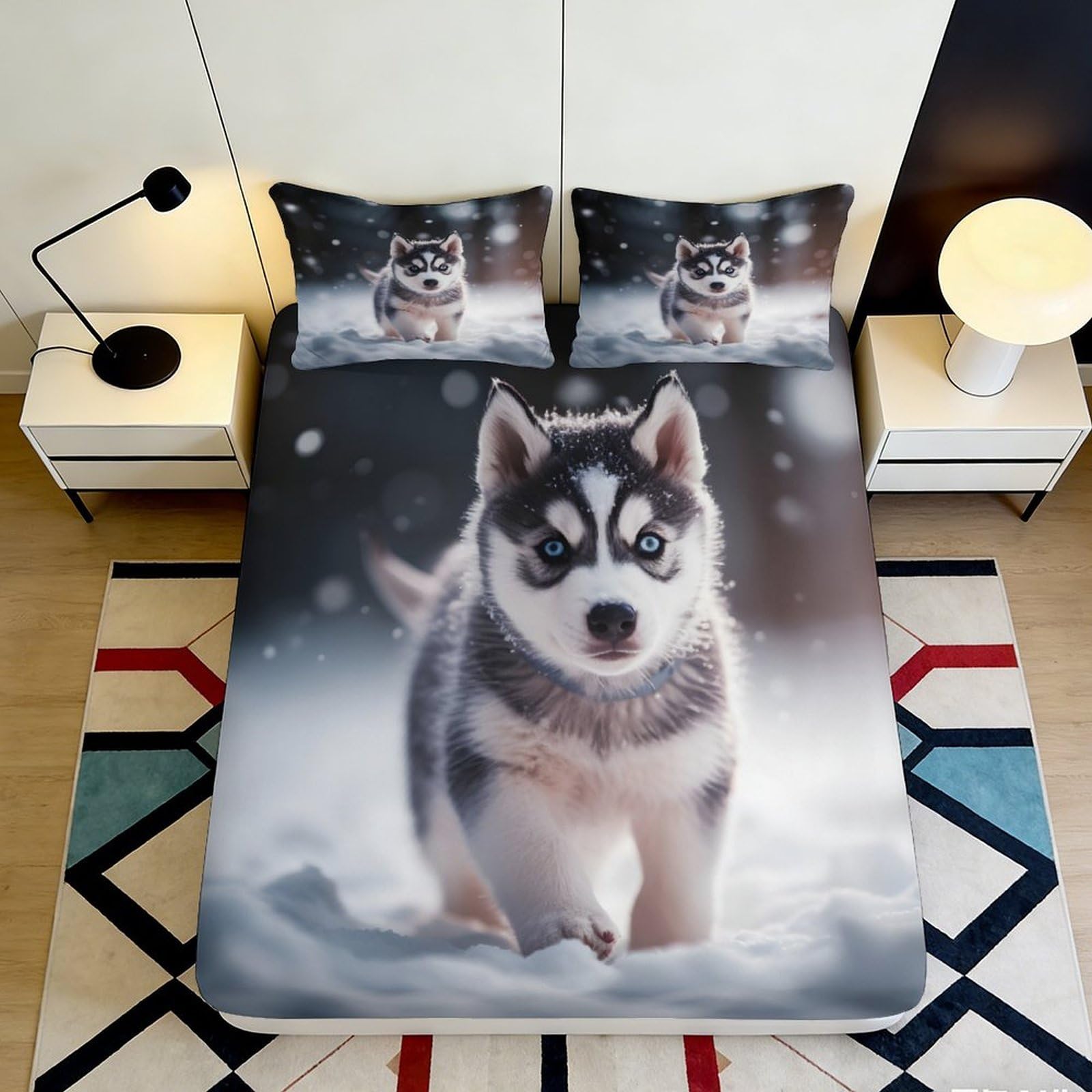 3D Printed Husky Puppy Snow Fitted Sheet Microfiber Soft Non-Slip Bed Cover for Bedroom Guest Room Mattress Protector 90x200x25cm