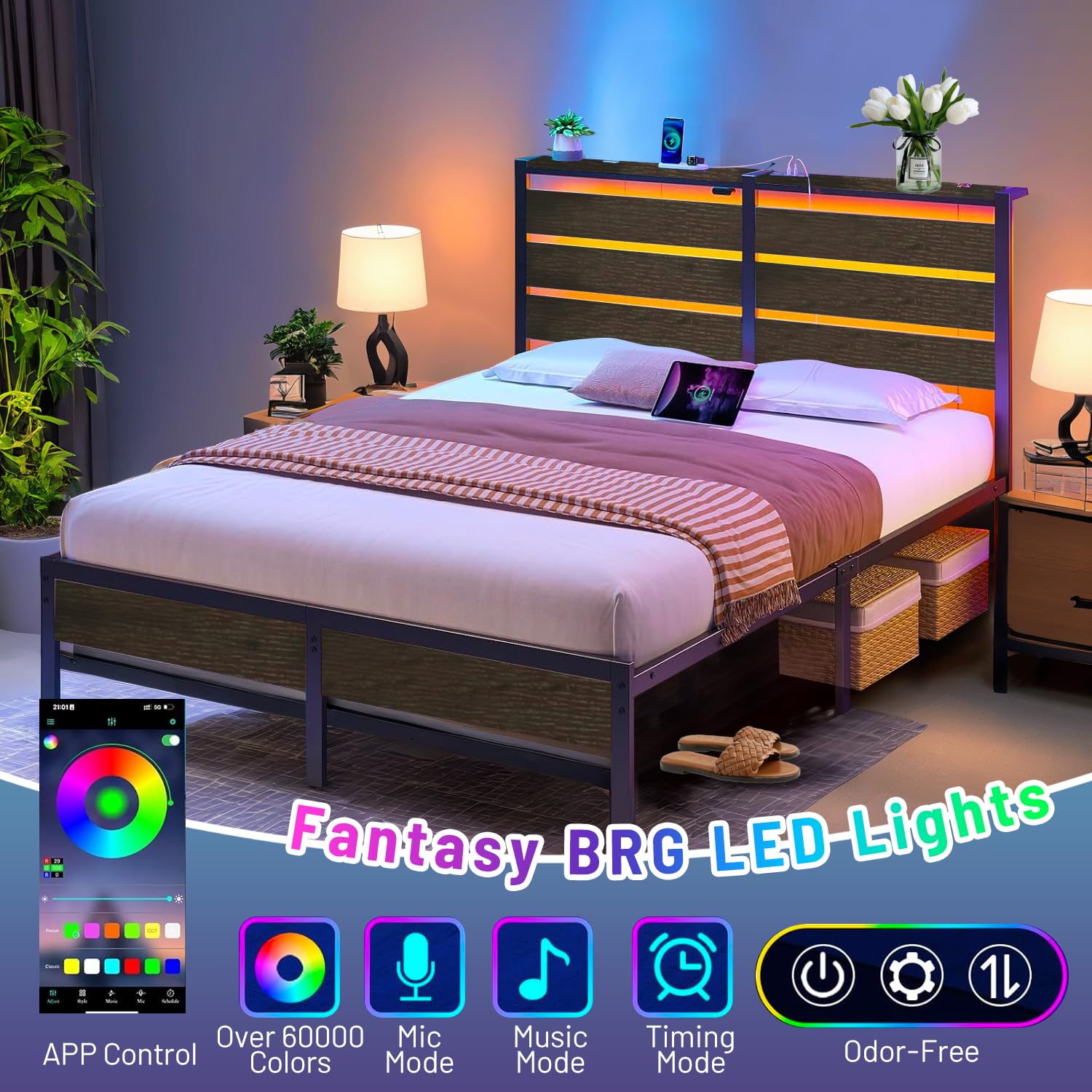 Marco de cama clásico de plataforma de metal, marco de cama de tamaño matrimonial con cabecero, soporte de listones de acero, marco de cama LED con estación de carga USB, almacenamiento 2