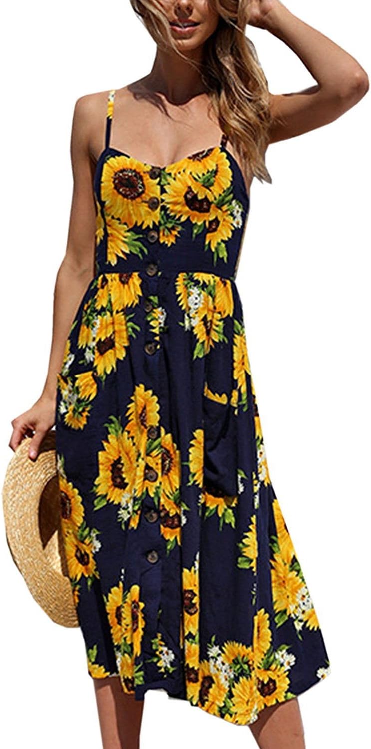 Cloth Kiss Women's Dresses-Summer Floral Bohemian Spaghetti Strap Button Down Swing Midi Dress with Pockets