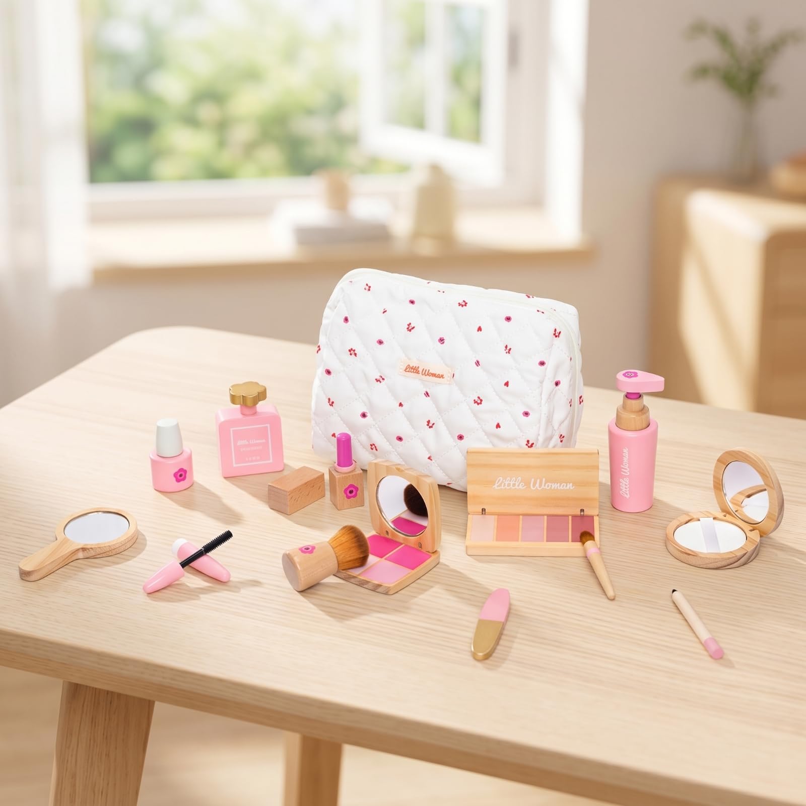 Amagogo Set Trucco Finta per Bambine Kit Cosmetico Gioco Trucco con Specchietto Pennelli Palette Rossetto Eyeliner Smalto Profumo in Legno con Custodia