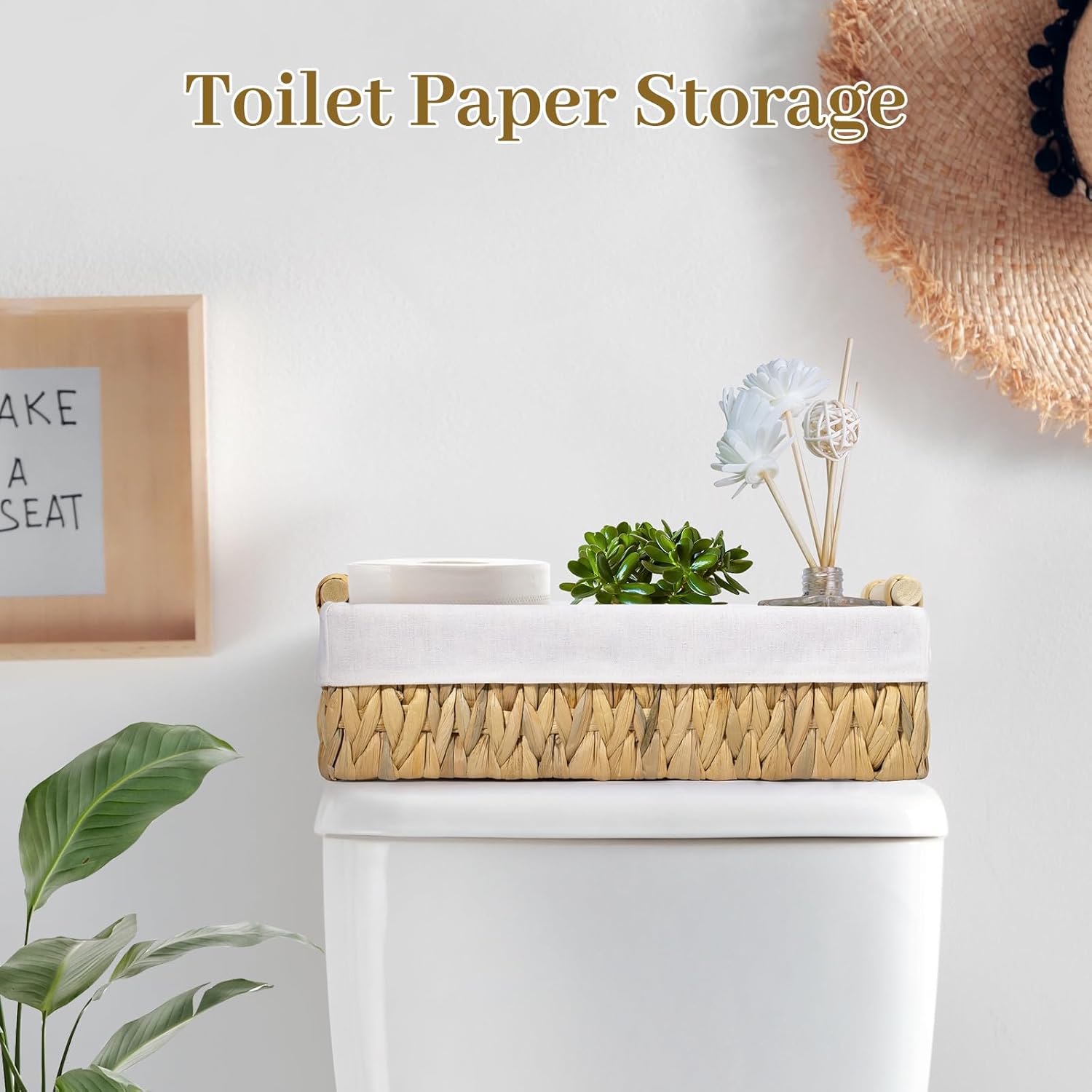 3 Pack Wicker Storage Basket,Boho Woven Baskets with Wood Handle Toilet Paper Storage Basket Bathroom Organizers and Storage