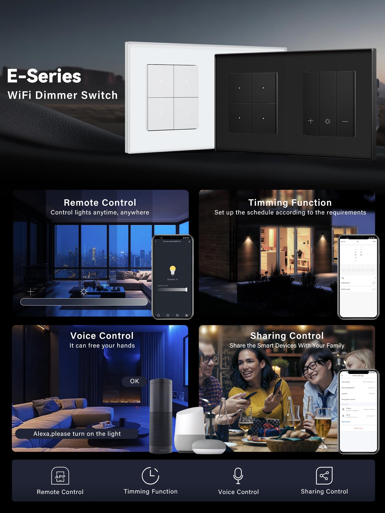 Smart WIFI Interrupteur d'éclairage avec variateur Wi-Fi - Interrupteur mural 1 compartiment + variateur d'intensité - Compatible avec Alexa/Google Home - Interrupteur d'éclairage encastré à