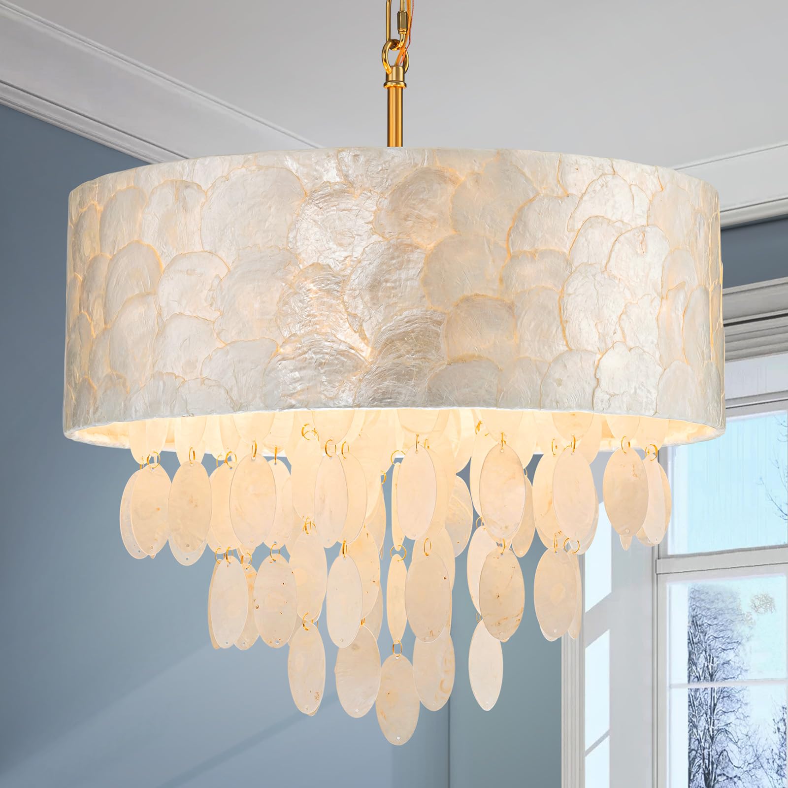 4-Lights Drum Capiz Shell Chandeliers, Coastal Style Pendant Light Fixture for Dining Room, Living Room, D18 x 21~68"(Adjustable Height), Shell Lampshade & Gold Finish
