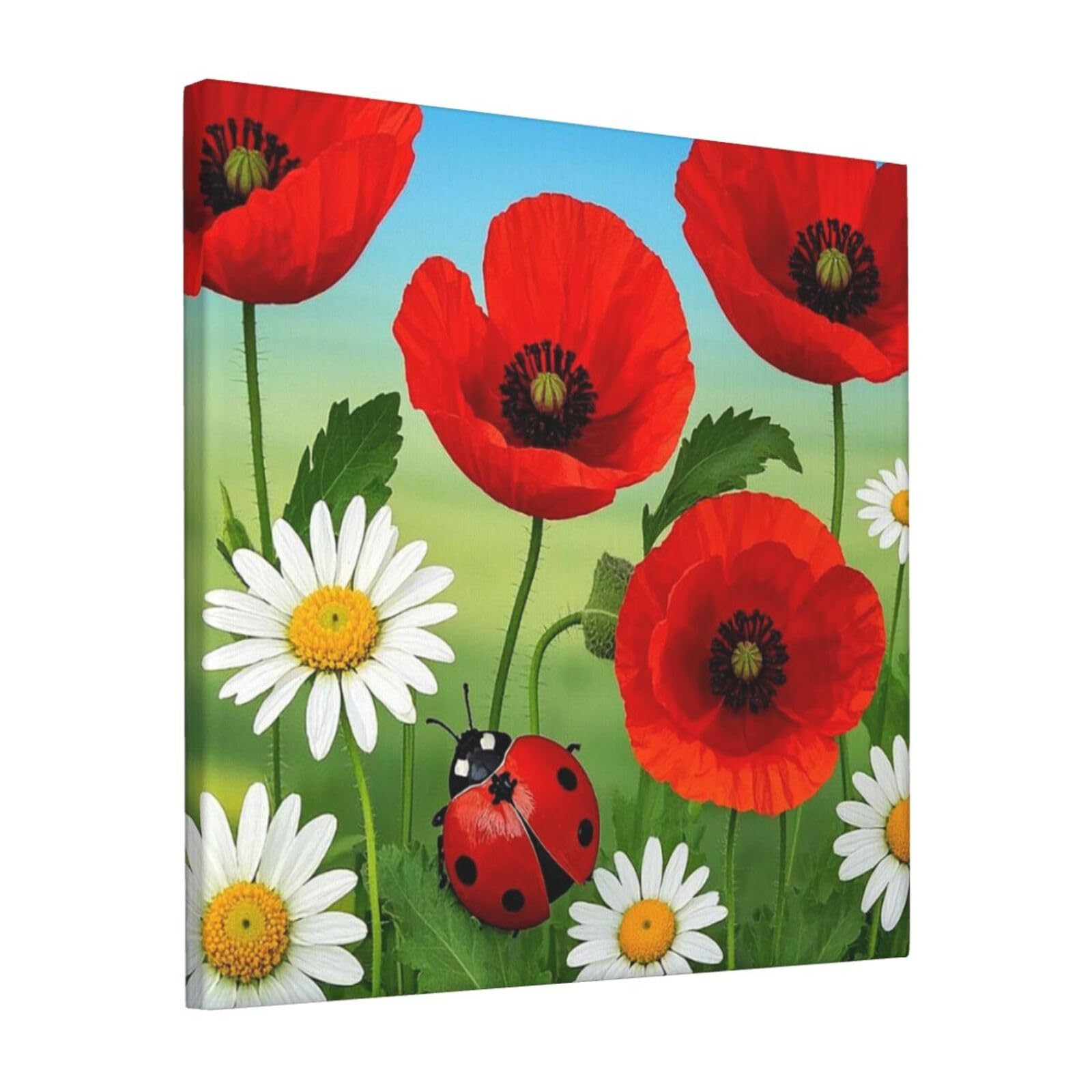 Chamomile Ladybug and Daisy Canvas Wall Art for Living Room Wall Decor 12"x12" Modern Artwork Painting Pictures Hanging Canvas Prints Aesthetic Wall Art for Bedroom Bathroom Office Wallart Decor