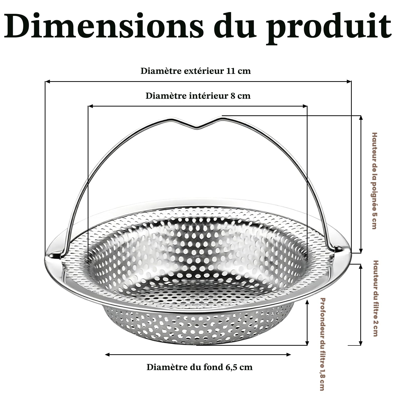 Filtre Évier Cuisine Acier Inoxydable 11cm 8cm 2cm Grille Passoire avec Poignée