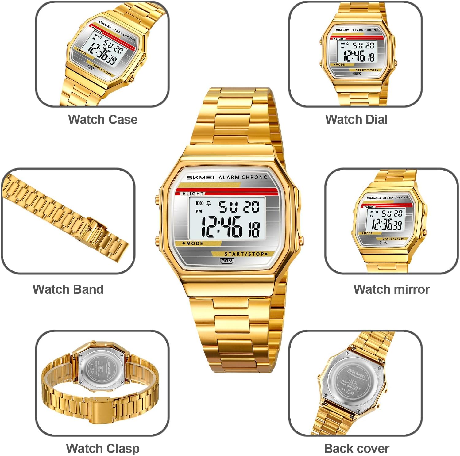 Gosasa Retro Digital Watch for Men Women, Stainless Steel Band Vintage LED Backlight Alarm Stopwatch Waterproof Chronograph Wristwatch with Date Week Display, 12/24H, 30M Water Resistant