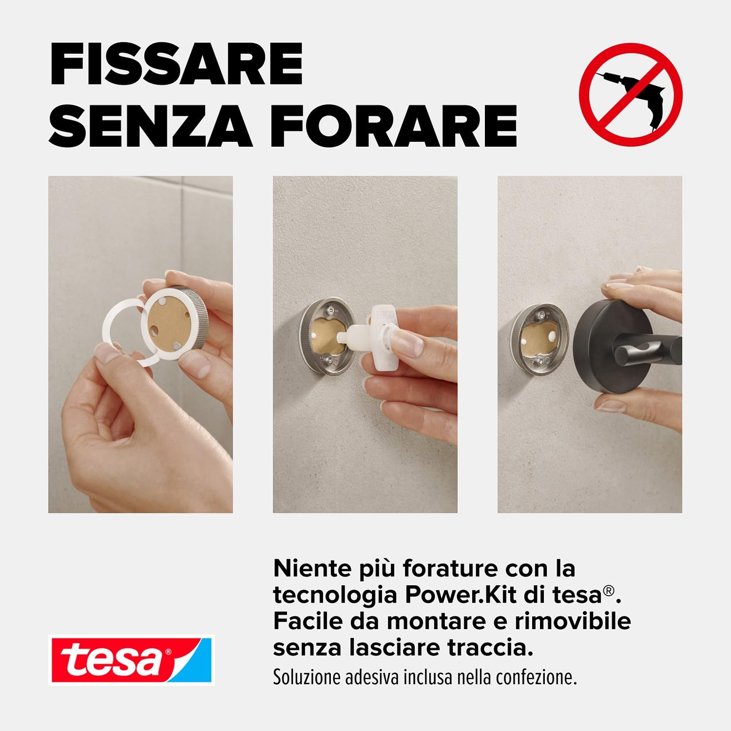 tesa® MOON Gancio per accappatoio in grafite spazzolata - Gancio autoadesivo in metallo rivestito in PVD - non richiede foratura, soluzione adesiva inclusa - 50 mm x 65 mm x 53 mm