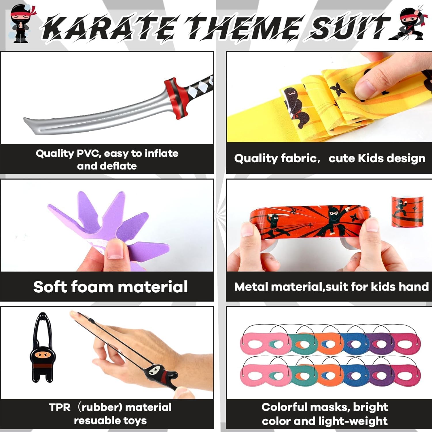 ZOIIWA 72Pcs Karate Party Favors Include Inflatable Sword Headbands Colorful Karate Party Decorations Karate Slap Bracelets Eye Mask Costume Accessories Gift Set Birthday Supplies