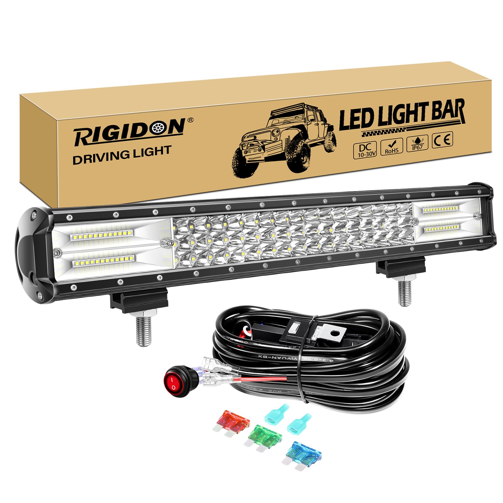 RIGIDON Listwa świetlna LED 20 cali 288 W z zestawem kabli wiązki przewodów 12 V, trójrzędowa lampa przeciwmgielna 7D do samochodów terenowych, ciężarówek, SUV, ATV 4 x 4, wiązka punktowa powodziowa,