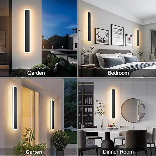 Vista 22 de Paquete de 2 luces para exteriores, moderna lámpara de pared para exteriores, tira larga, aplique de pared LED IP65, luz cálida antioxidante, 3000