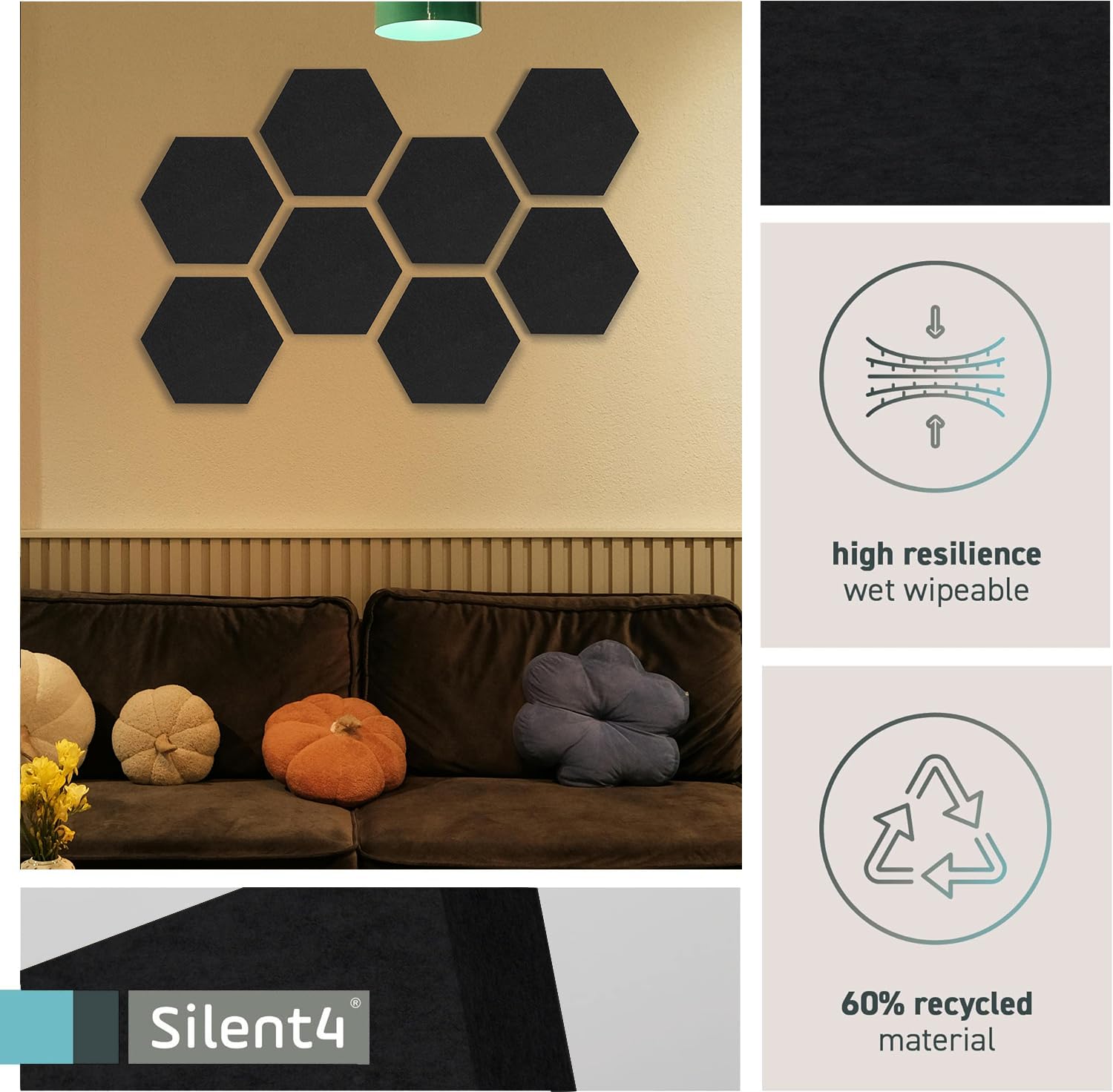 SILENT4® Set di pareti fonoassorbenti HEXAGON, 8 elementi in vello acustico, montaggio adesivo, immagine acustica, miglior suono attraverso i pannelli acustici per l'ufficio, l'home office e il gaming