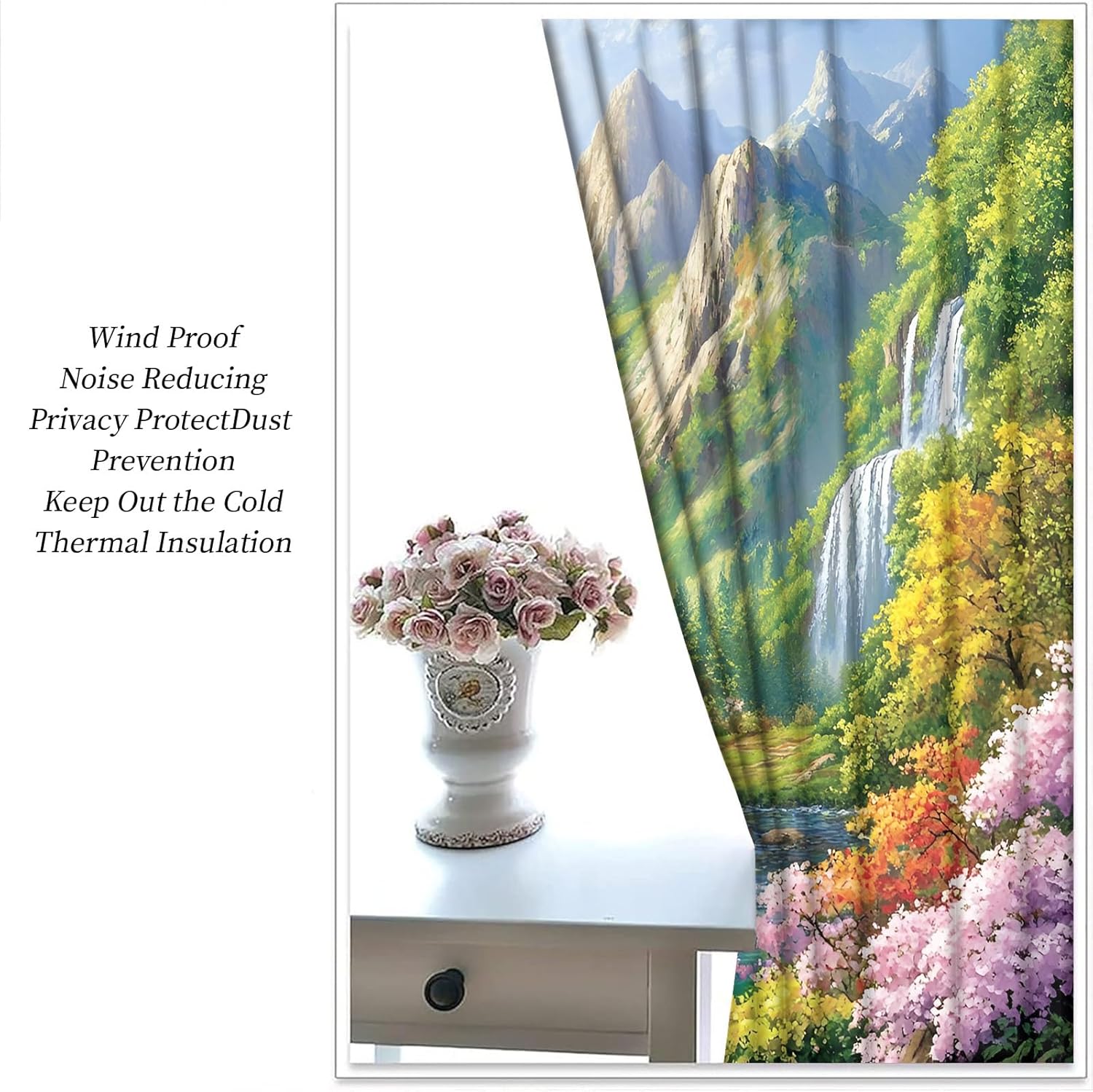 Landscape Small Window Curtains, Forest Waterfall Short Curtain for Windows Natural Scenery Kitchen Window Curtains Over Sink for Kitchen Laundry Room Loft, 19.5" x 39", 2 Panels