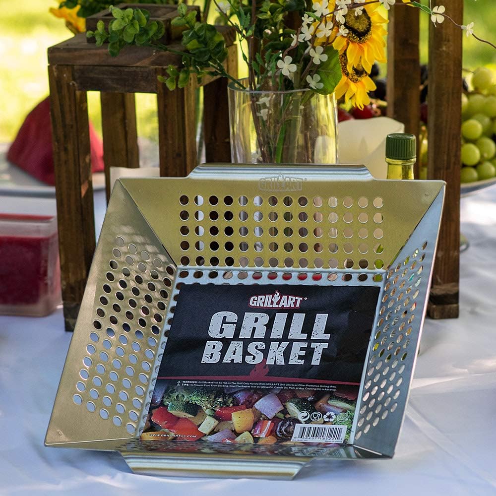 GRILLART Grill Basket for Vegetables & Meat – Large Grill Wok/Pan for the Whole Family - Heavy Duty Stainless Steel Veggie Grilling Basket Built to Last - Best BBQ Accessories for All Grills & Smokers : Patio, Lawn & Garden