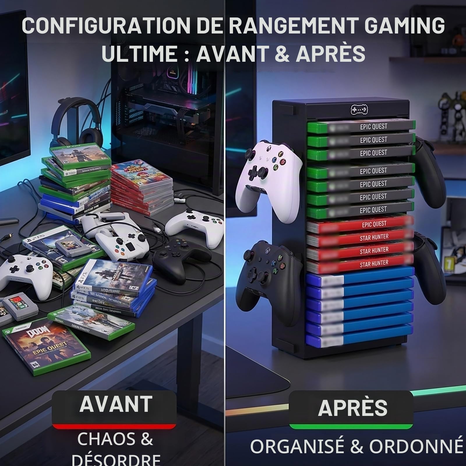 SOONHUA Tour Rangement Jeux Vidéo Support Manettes Compatible PS5 PS4 | Support de rangement avec 4 porte-manettes pour consoles compatibles Switch, Xbox et disques de jeu