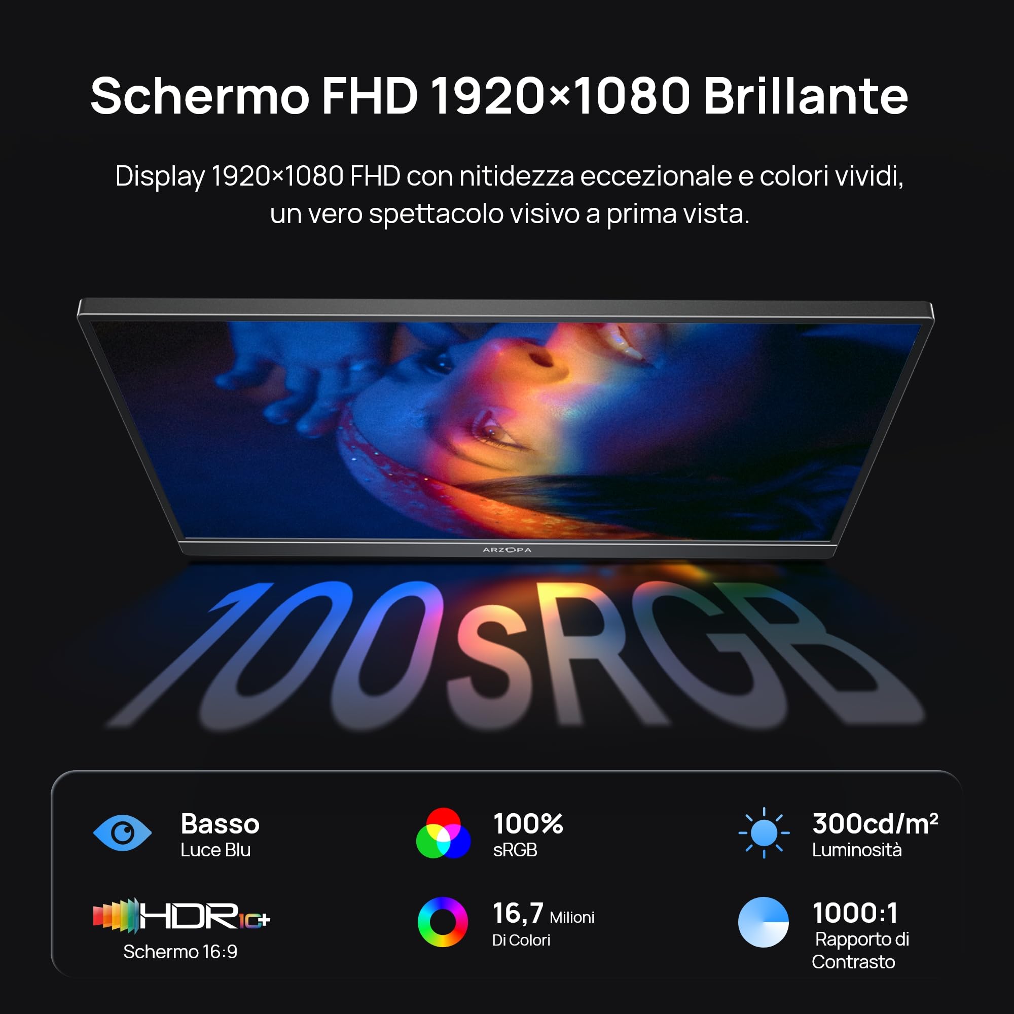 ARZOPA Monitor Portatile Z1C 16,1" FHD 1080P 100% sRGB, IPS, HDR, Ultra Sottile, in Metallo Grigio – Schermo Secondario per Laptop, Mac, PC, Xbox, Switch, PS5 - Z1C Grigio