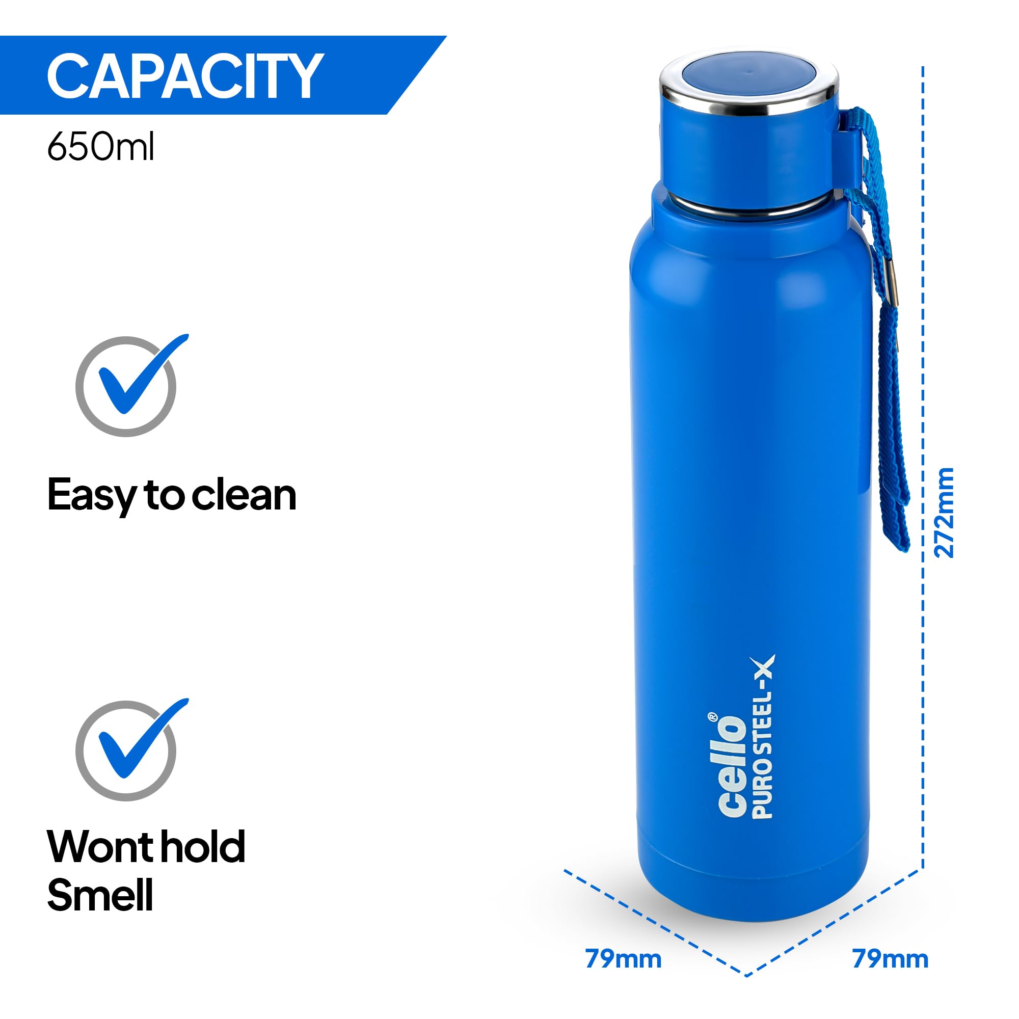 Cello Puro Steel-X Benz 900 Wasserflasche, auslaufsicher, breite Öffnung und leicht zu öffnen, isolierte innere Stahl-Außen-Kunststoff-Wasserflasche, 730 ml, Blau