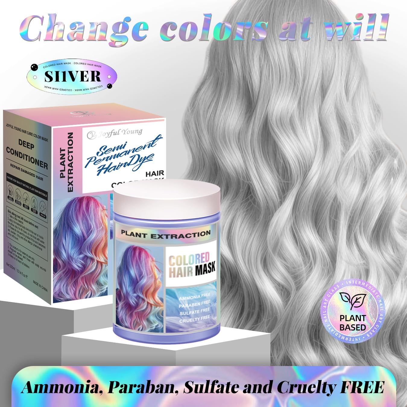 Silver Hair Color Depositing Mask - Semi Permanent Hair Color Conditioner for Bleached, Blonde & Gray Hair - Vegan Toner Mask for Yellow Brassy Tones – Ammonia, Sulfate & Paraben Free – 10.15 oz